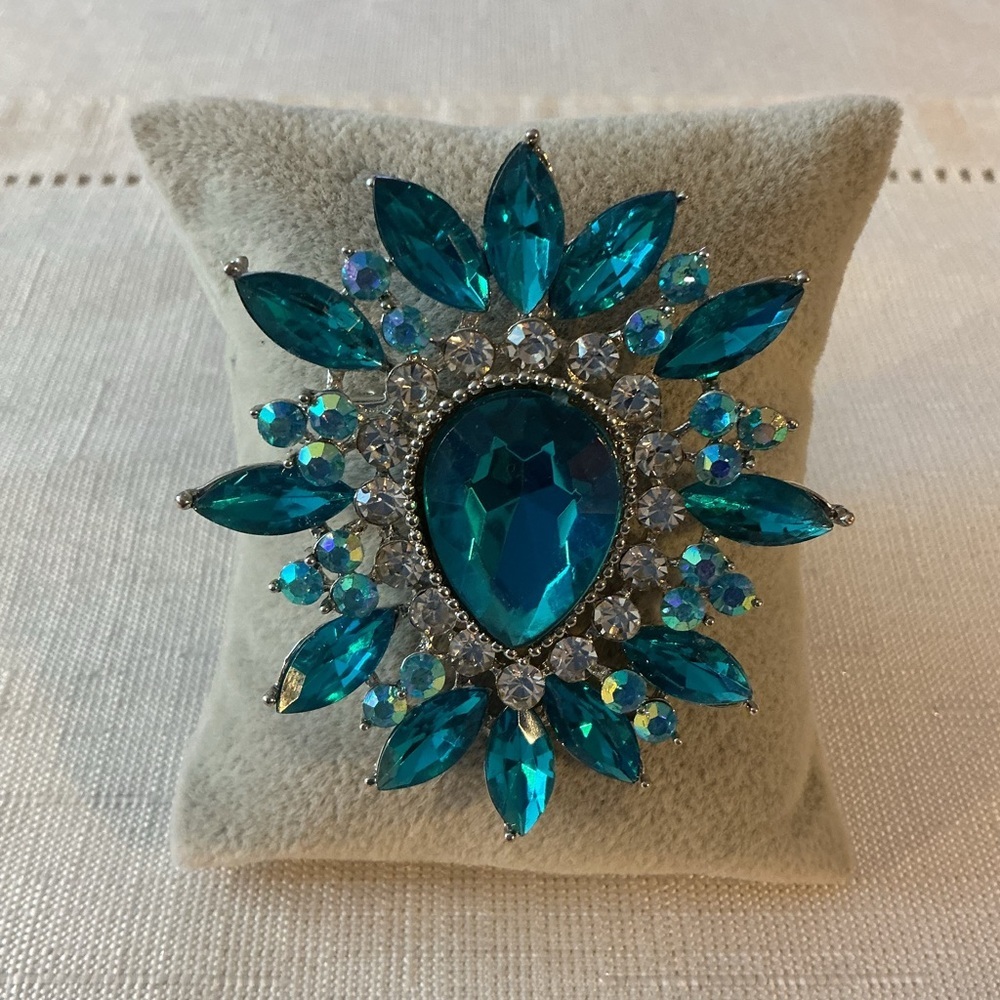 Deep Teal and Rhinestone Silver Tone Brooch